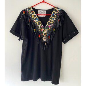 80s vintage black rainbow crazy fringed western festival embellished tee shirt